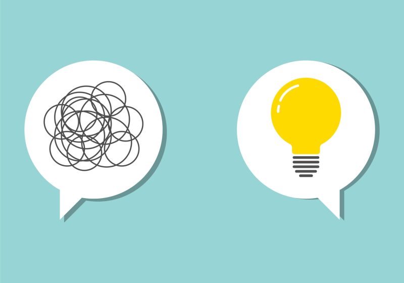 Two speech bubbles: one containing a tangled, chaotic line representing confusion, and the other containing a bright yellow light bulb symbolising a clear idea or solution