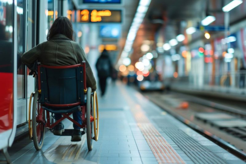 A person in a wheelchair waits at a train platform near the doors, highlighting mobility challenges in public transport systems