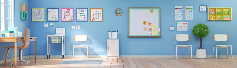 An inclusive, welcoming classroom with simple visuals and clear design, supporting accessible learning